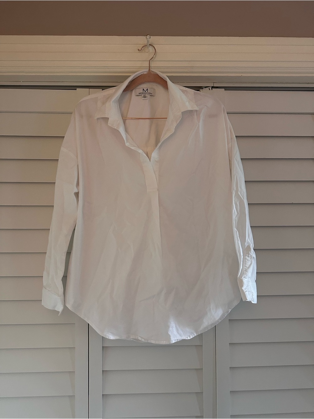 Magaschoni White Button-Down Pullover Shirt